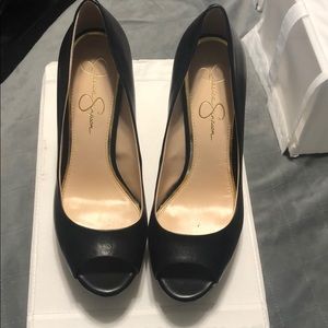 Jessica Simpson Black Leather open toe heel.